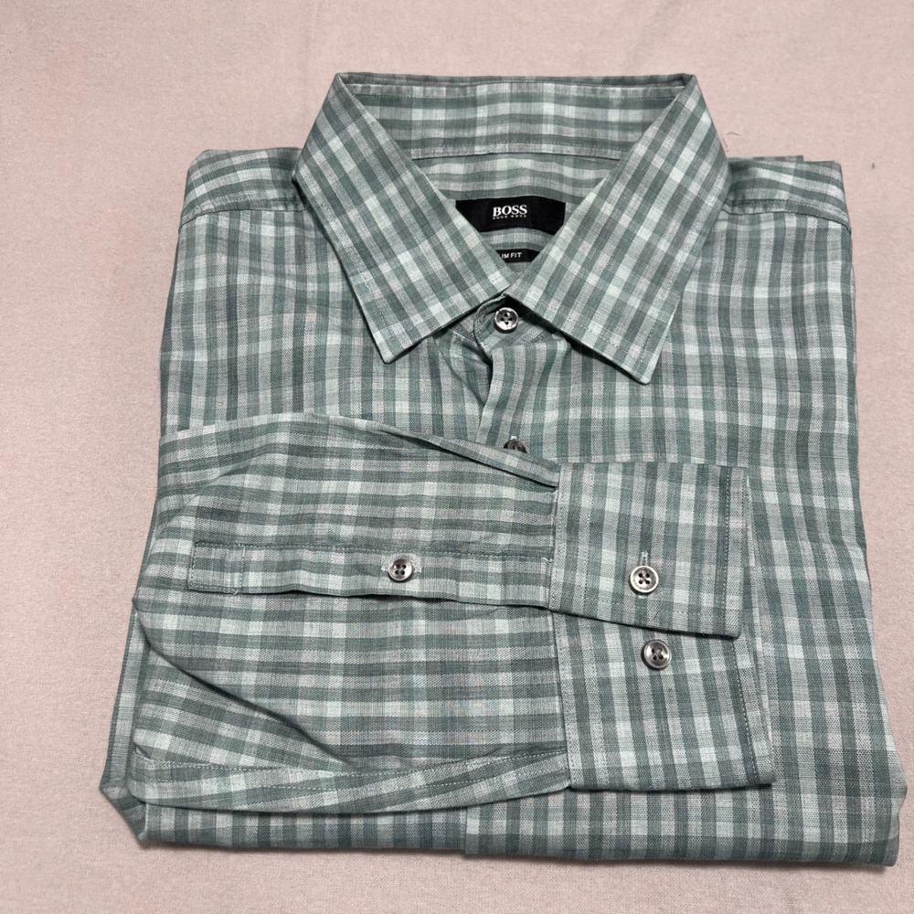 BOSS Hugo Boss Slim Fit Green Checkered Long Sleeve Button Up Minor DEFECT 18-36